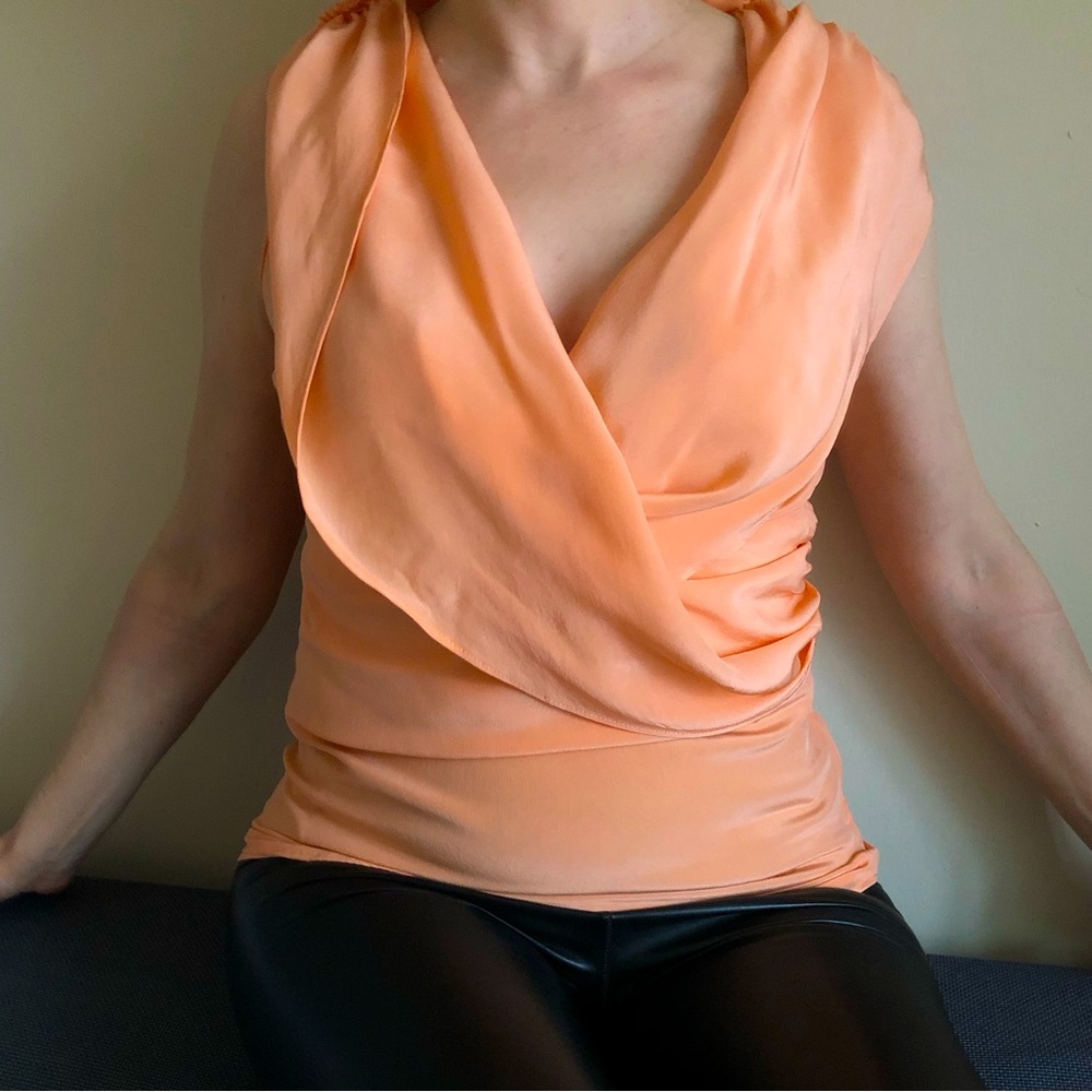 Maison House of Spy Silk Apricot Draped Deep V Neck Sleeveless Blouse XS